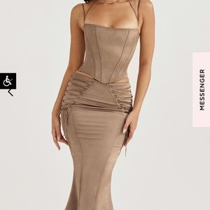 HOUSE OF CB SIDONIE LATTE SATIN LACE UP SKIRT & CORSET SET